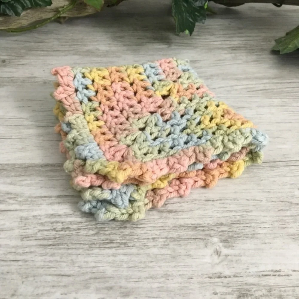 Wash Cloth Handmade Cotton Crochet Dish Rag Pastel Colors Absorbent Pink Yellow
